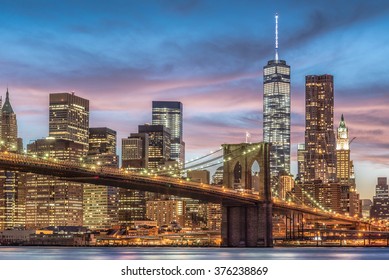 Brooklyn Bridge with sunset, New York City, USA