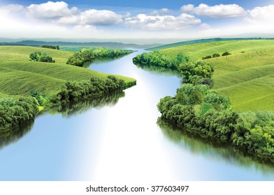 Zigzag rivier stroomt tussen zomervalleien.a