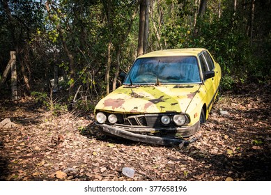 Carro velho batido na floresta