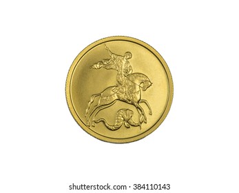 Rara moeda de ouro russa - São Jorge a cavalo matando dragão. Isolado em fundo branco. São Jorge ajuda guerreiros a serem vitoriosos.