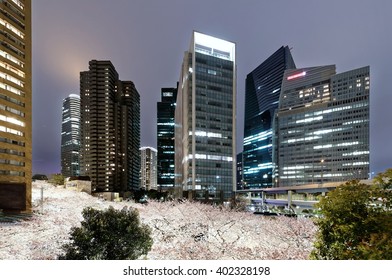 桜の季節に東京の繁華街にある六本木アークヒルズの夜景、高層ビルとライトアップされた日本の桜の景色 〜 春の東京の美しい都市スカイライン