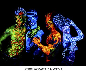 Four elements. Body art glowing in ultraviolet light, isolated on black background