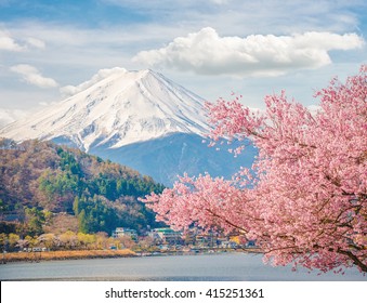 Montaña Fuji en primavera en Kawaguchiko, Japón. Flor de cerezo Sakura.