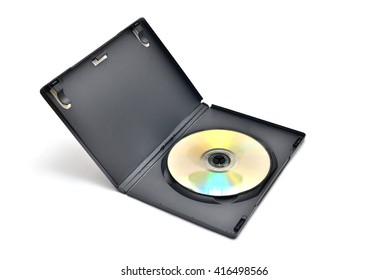 Scatola nera con disco DVD scrivibile all'interno, isolata su sfondo bianco.
