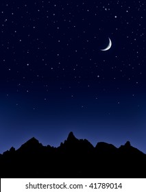 A mountain range silhouetted by a star-filled night sky and quarter moon.