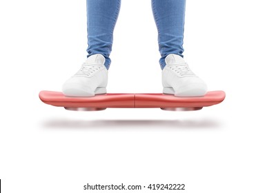 Adam ayakta kırmızı hoverboard scooter izole edildi. Akıllı hoverboard film scooter. Tekerleksiz fütüristik ulaşım cihazı. Geleceğin ulaşım teknolojisi. Sürücü. Kişi sürüşü anti-yerçekimi levitasyon hoverboard