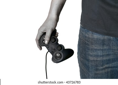 Zombie male hand hold video game controller isolated on white