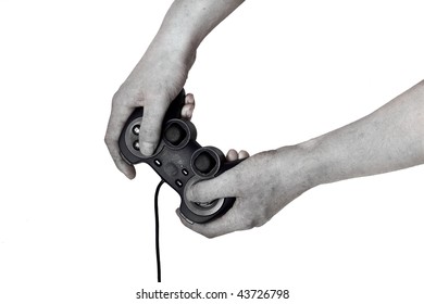 Zombie male hand hold video game controller isolated on white