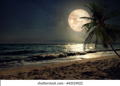 Beautiful fantasy tropical beach with Milky Way star in night skies, full moon - Retro style artwork with vintage color tone (Elements of this moon image furnished by NASA)