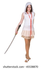 Adolescente com espada tradicional japonesa - katana em fundo branco