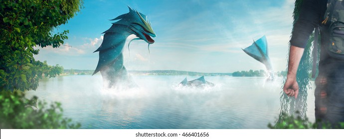 Hombre cazando un verdadero monstruo de agua en el lago. foto creativa del monstruo real. monstruo en la vida real.