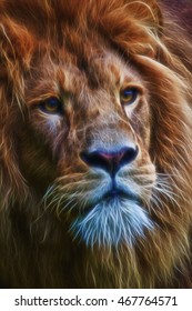 dramatic glowing digital art portrait of lion face