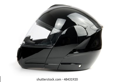 黒、光沢のあるオートバイ ヘルメット分離した白い背景の上