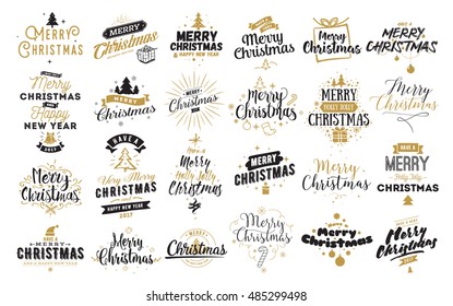 Merry Christmas. Happy New Year, 2017. Typography set. Vector logo, emblems, text design. Usable for banners, greeting cards, gifts etc.