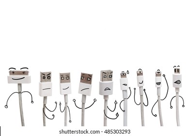 Verschiedene USB-Kabelanschlüsse mit lustigem Zeichentrickfigurengesicht, lokalisiert auf weißem Hintergrund