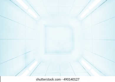 Raumschëff Interieur Zentrum Vue mat hell wäiss Textur, futuristesche Bannekorridor, Raumschëff, Futuristesch Architektur.