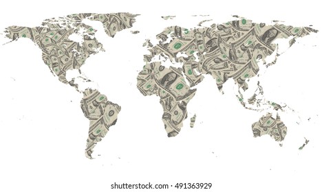 Mapa mundial con dólar aislado en negro.