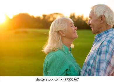 微笑む老夫婦。屋外の女性を持つ男。私の目を見て。言葉なしの理解。