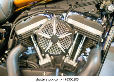 オートバイのエンジン ブロック、モーター エンジン、輸送の背景概念のクローズ アップ表示