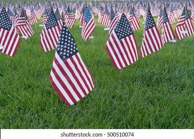 Thousands of american flags set up in a field as a 9/11 memorial