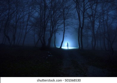 Alone girl in the forest at night