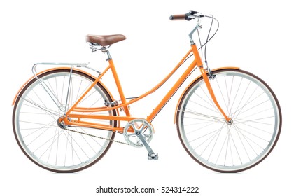 白い背景に分離されたスタイリッシュなレディース オレンジ自転車