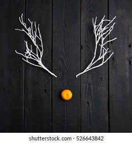 Reindeer Face made of Tangerine and Winter Branches. Minimal Christmas Concept. Flat Lay.