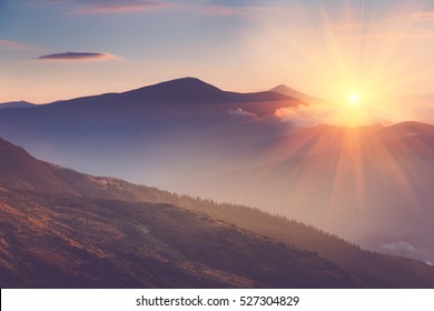 Prachtig landschap in de bergen bij zonsopgang. Uitzicht op mistige heuvels bedekt met bos. Gefilterde afbeelding: kruisverwerkt retro-effect.