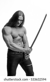 black-and-white portrait of a brutal man bodybuilder with bare-chested with long hair with a Japanese sword on a white background