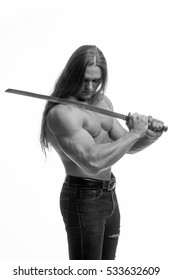black-and-white portrait of a brutal man bodybuilder with bare-chested with long hair with a Japanese sword on a white background