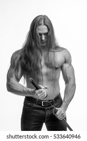 black-and-white portrait of a brutal man bodybuilder with bare-chested with long hair with a Japanese sword on a white background