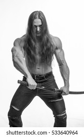 black-and-white portrait of a brutal man bodybuilder with bare-chested with long hair with a Japanese sword on a white background