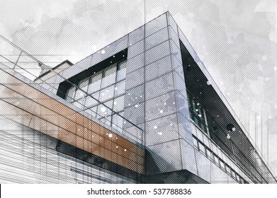 Moderne arkitektur bygning baggrund. Streg- og akvarelmaling