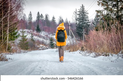 el viajero turístico es invierno en el bosque con una mochila en un camino nevado