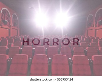 HORROR words with blurred cinema background - movies and entertainment concept