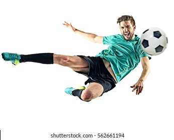 Un jugador de fútbol caucásico hombre aislado sobre fondo blanco.