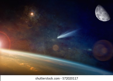 Astronomischer Hintergrund – ein heller Komet nähert sich der Erde im Weltraum. Teile dieses Bildes wurden von der NASA zur Verfügung gestellt.