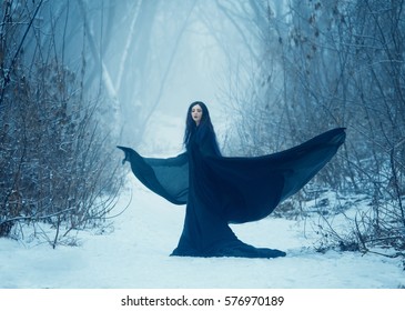 The girl a demon walks alone. The dark elven mage turns into a crow. Dark angel, a demon with wings, against the background of a winter landscape at dusk. Vampire woman