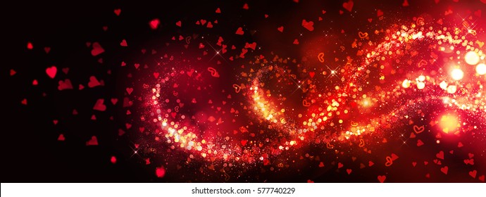 Valentinsgruß-Herz-Hintergrund. Abstraktes rotes blinkendes Herz. Valentinstag. Liebe. Romantische fliegende rote Liebesherzen und Funkenhochzeitshintergrund. Grenze über schwarz