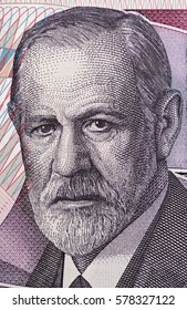 Sigmund Freud portrait on Austria 50 schilling banknote closeup macro. Austrian neurologist and the founder of psychoanalysis.