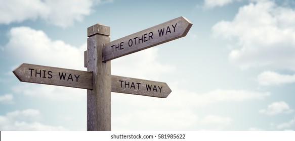 Kruispuntwegwijzer die deze kant op zegt, die kant op, het andere concept voor verloren, verwarring of beslissingen