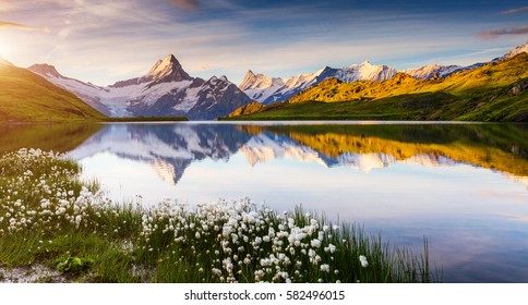 Great view of Bernese range above Bachalpsee lake. Dramatic and picturesque scene. Popular tourist attraction. Location place Swiss alps, Grindelwald valley, Europe. Artistic picture. Beauty world.