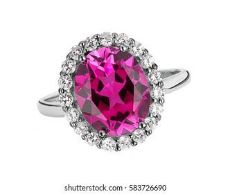 beautiful ring with pink amethyst gem (stone) isolated on white background