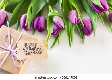 Món quà nhỏ và hoa tulip tím cho Ngày của Mẹ.