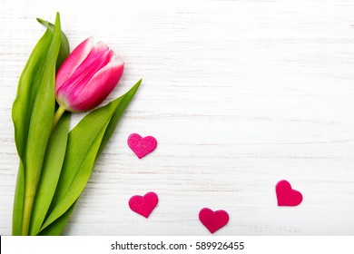 Hoa tulip trái tim nhỏ trên nền gỗ trắng sao chép không gian