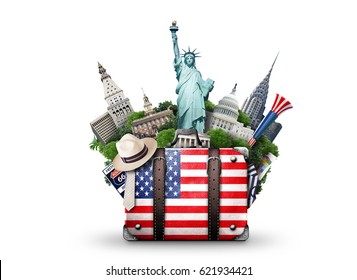 USA, vintage suitcase with American flag and landmarks
