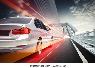 Speeding car, driving on the Highway Bridge in Asia