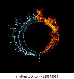 黒の背景に分離された火と水の輪