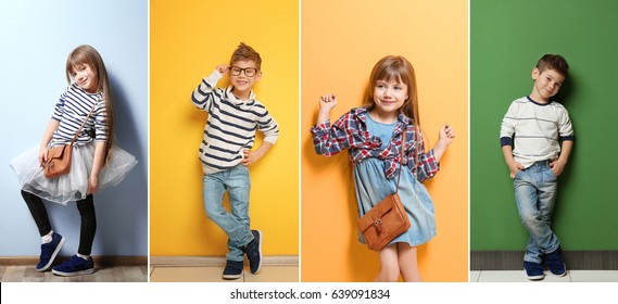 Collage of stylish cute kids posing on color background