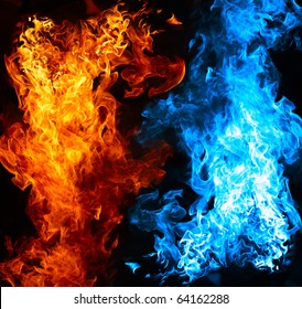 Api merah dan biru dengan latar belakang hitam
